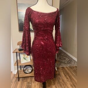 Betsy & Adam 4P Burgundy Sequin Bell Sleeve Off Shoulder Cocktail Dress Midi